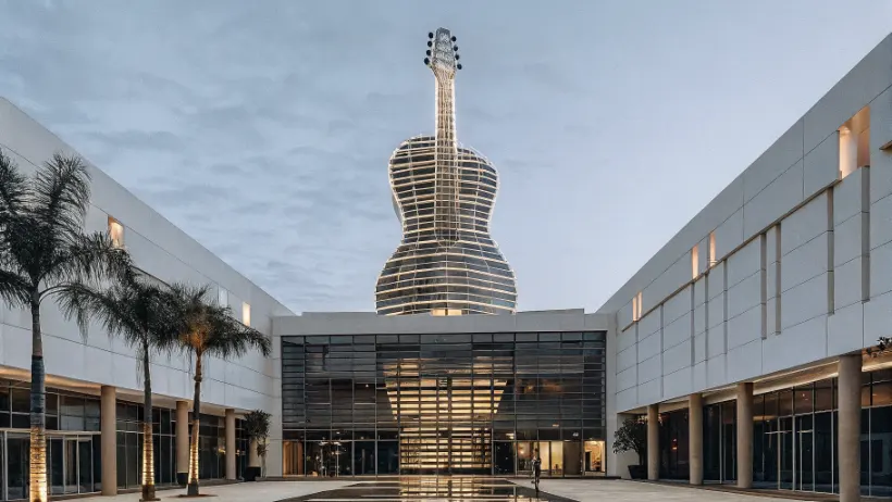 Vista exterior del Seminole Hard Rock Hotel & Casino en Hollywood, Florida, con su icónica torre de guitarra iluminada